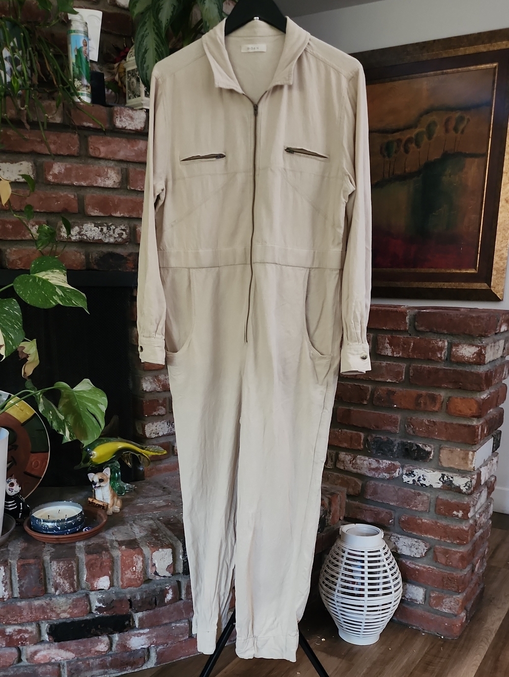 DÔEN 100% Silk Cream Utility Boiler Suit Zip Front Jumpsuit Size Large